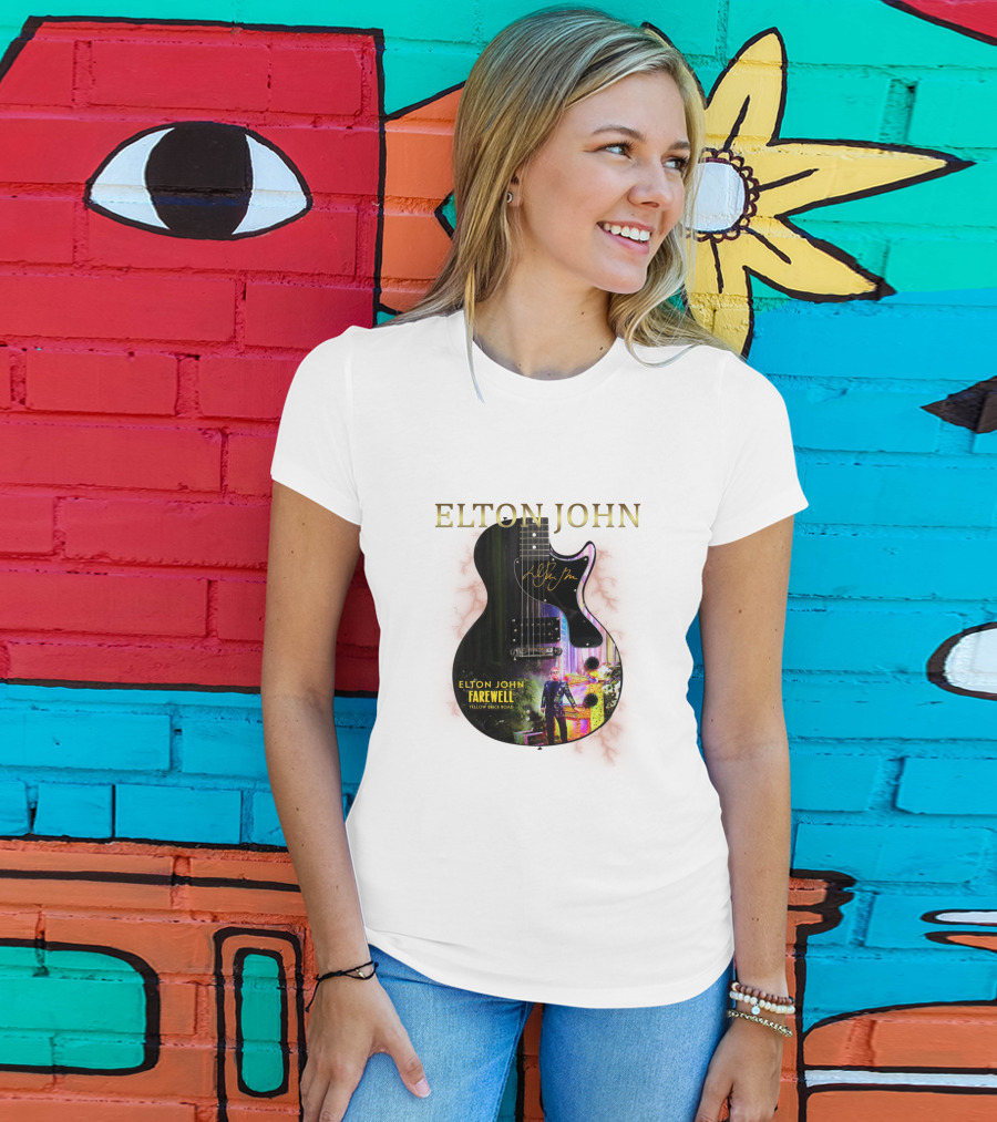 ELTON JOHN Signature Guitar Farewell Yellow Brick Road T-Shirt
