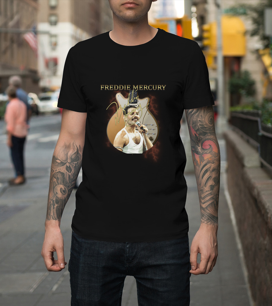 FREDDIE MERCURY Signature with Guitar and Microphone T-Shirt