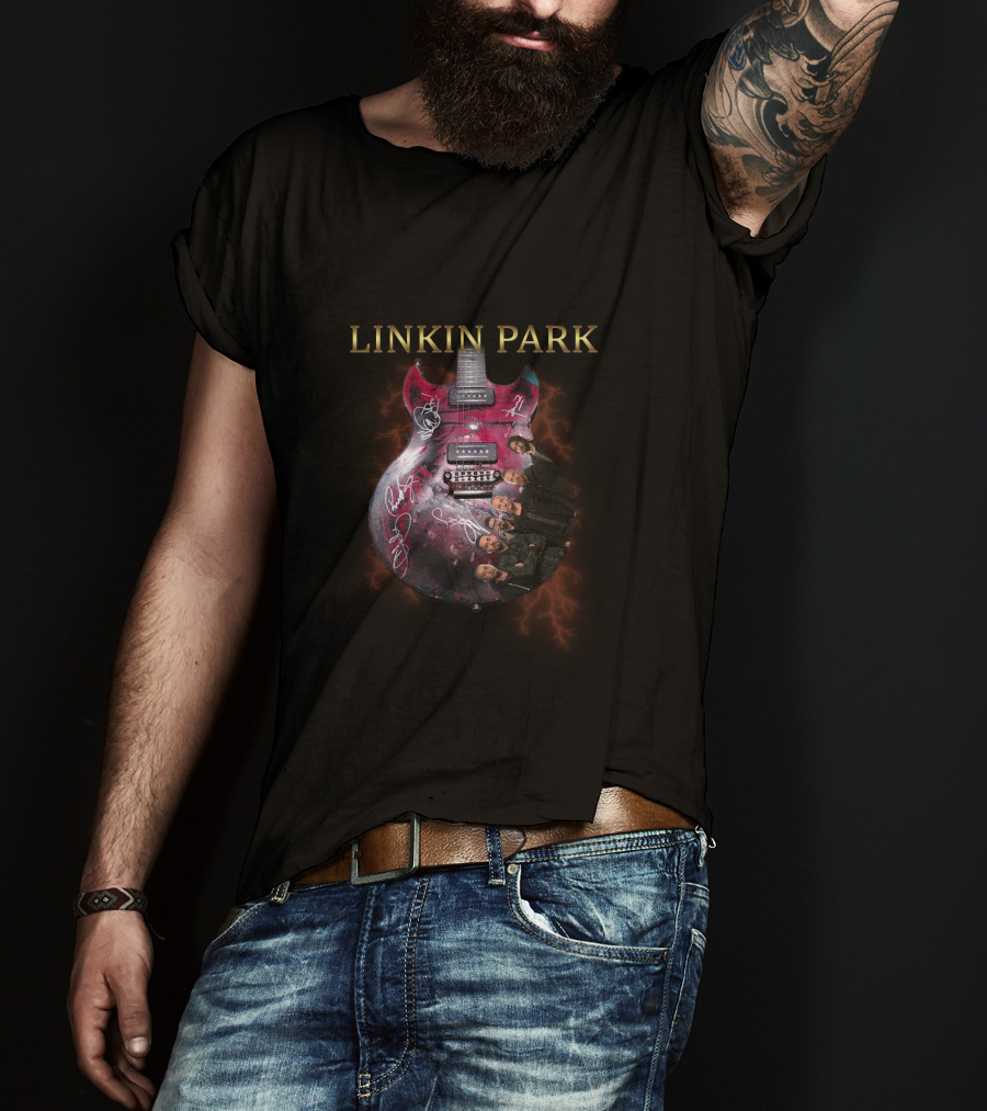 Linkin Park Signed Guitar With Band Members T-Shirt