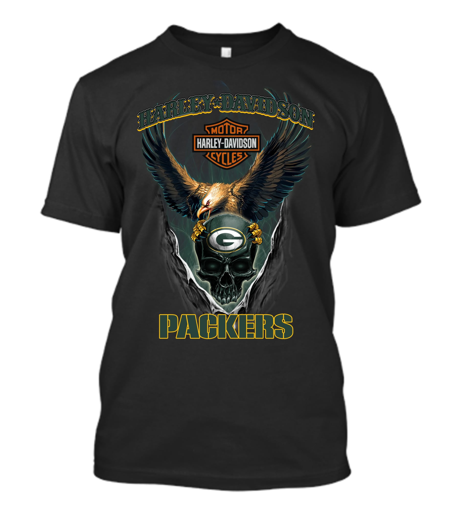 Harley Davidson Motor Cycles Packers Eagle Skulls Green Bay T-Shirt