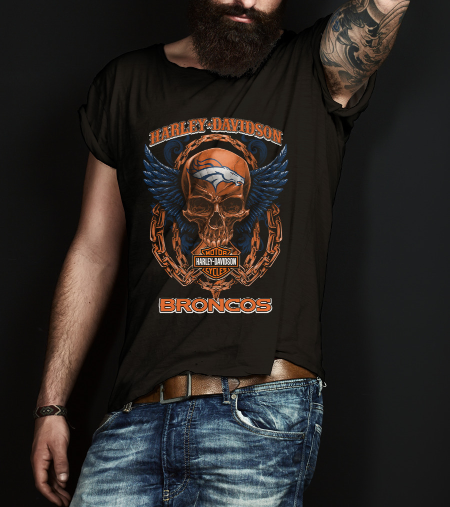Harley Davidson Denver Broncos Skull Wings Chain T-Shirt
