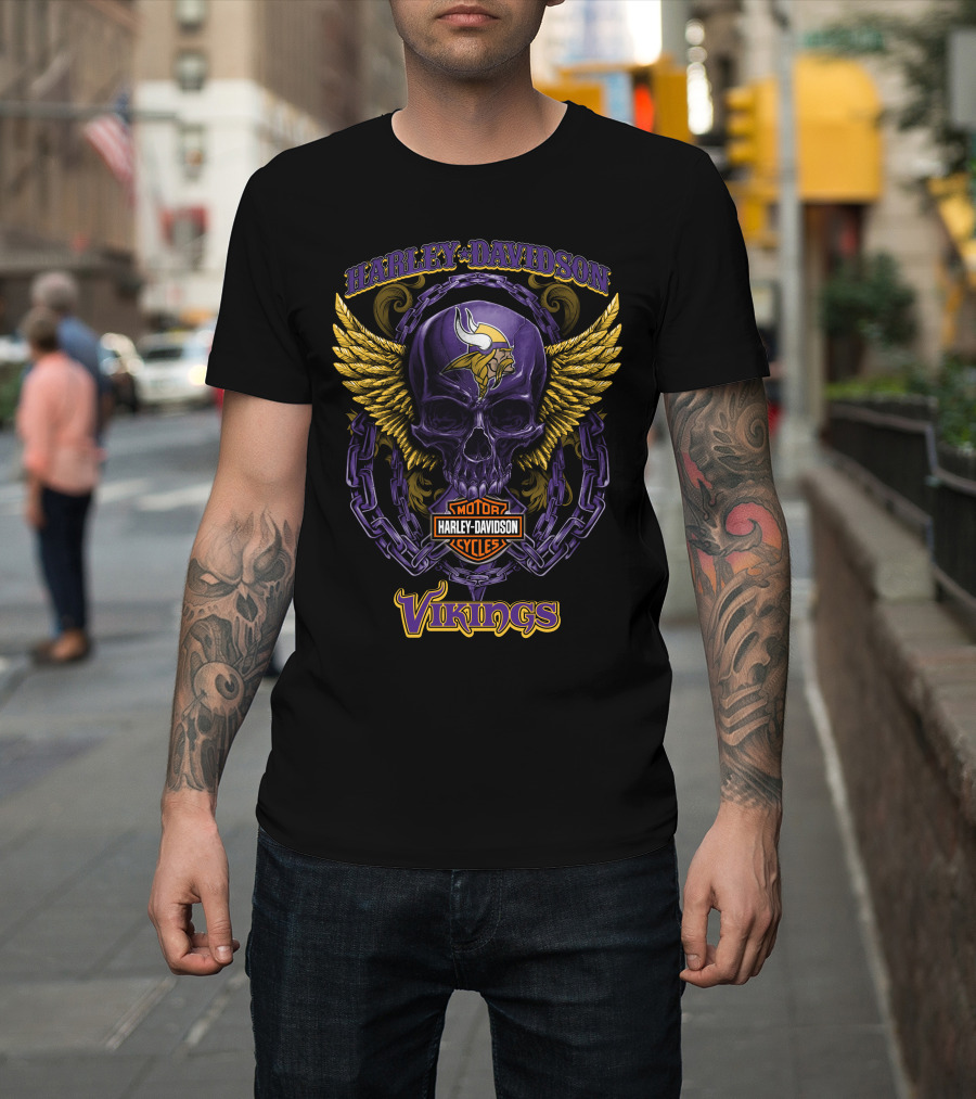Harley Davidson Minnesota Vikings Skull With Wings And Chains T-Shirt
