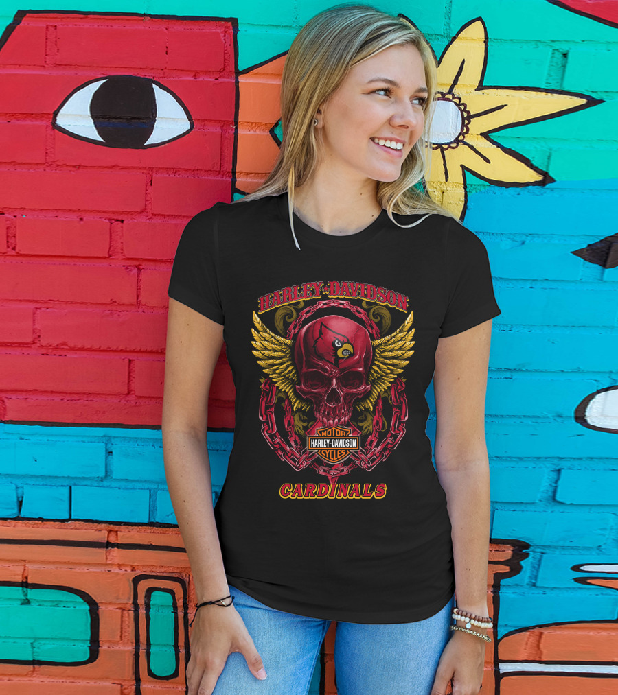 Harley Davidson Motor Cycles Cardinals Skull With Wings And Chains T-Shirt