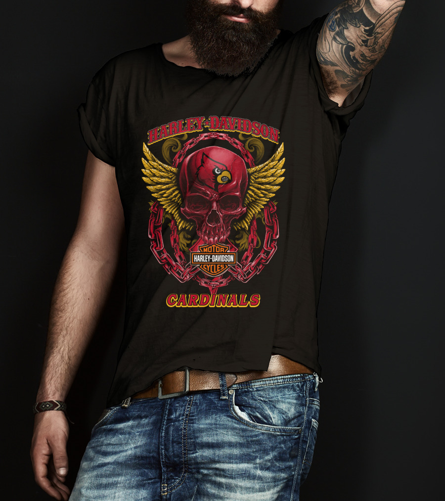 Harley Davidson Motor Cycles Cardinals Skull With Wings And Chains T-Shirt