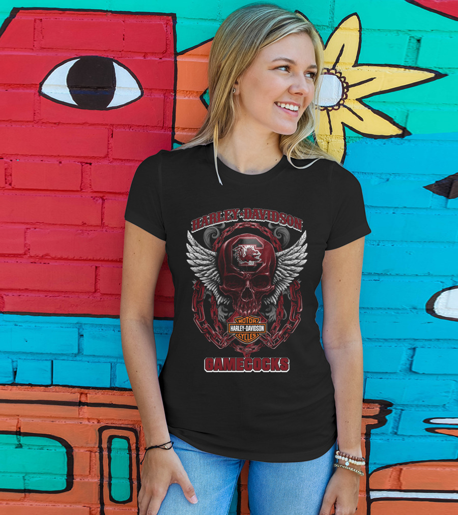Harley Davidson South Carolina Gamecocks Motorcycles Skull Wings Chains T-Shirt