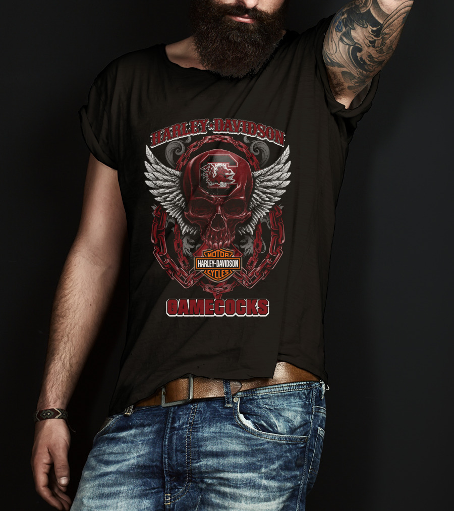 Harley Davidson South Carolina Gamecocks Motorcycles Skull Wings Chains T-Shirt