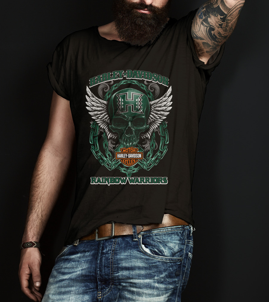 Harley Davidson Motor Cycles Hawaii Rainbow Warriors Skull Wings Chain T-Shirt