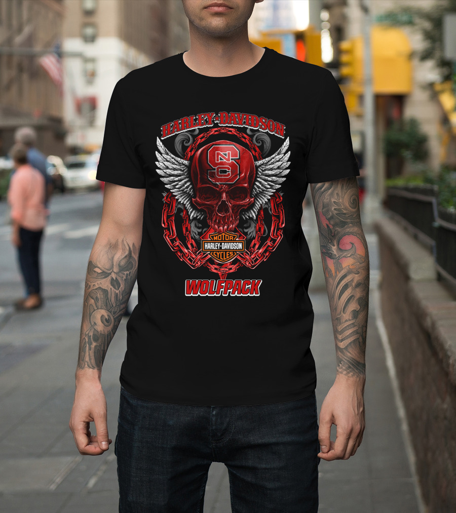 Harley Davidson Nc State Wolfpack Skull Wings Chains T-Shirt
