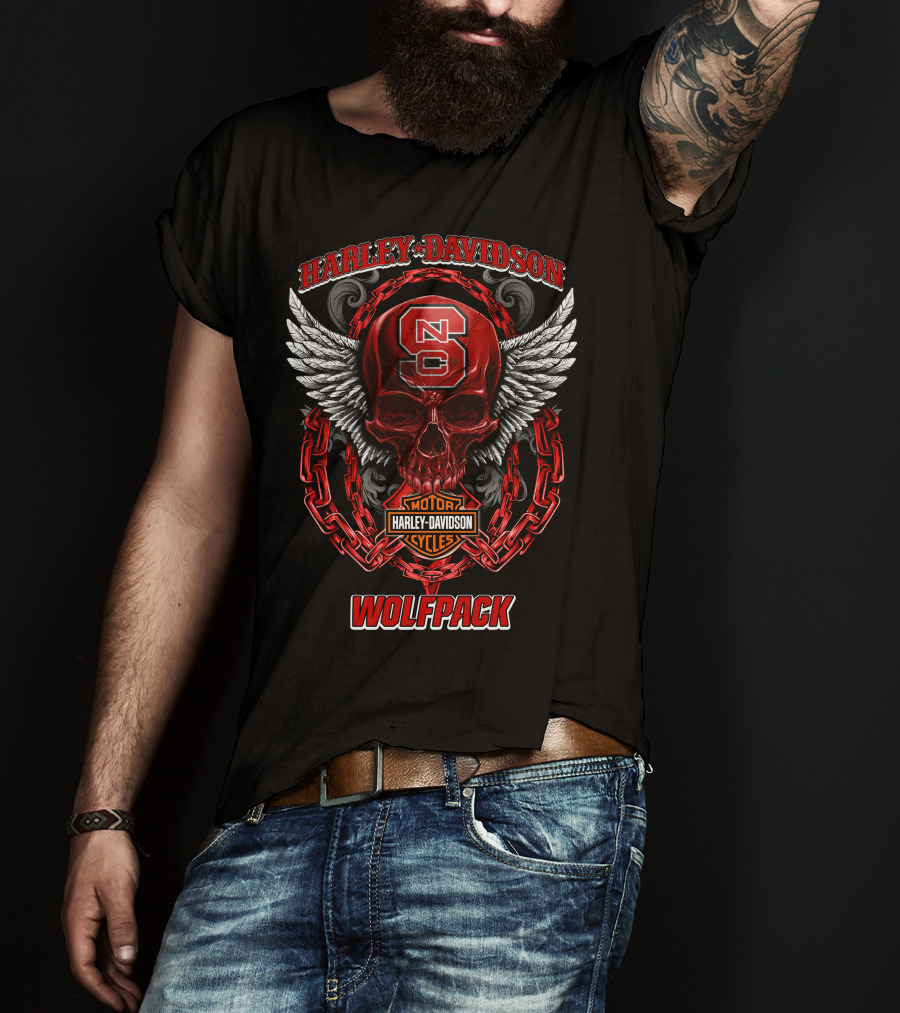 Harley Davidson Nc State Wolfpack Skull Wings Chains T-Shirt