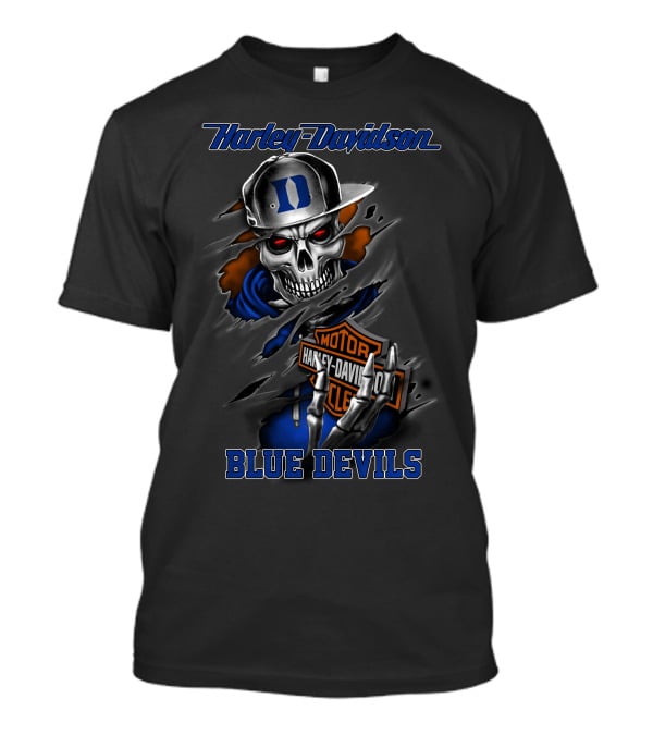 Harley Davidson Blue Devils Skull With Duke Logo And Motorcycle Motif T-Shirt