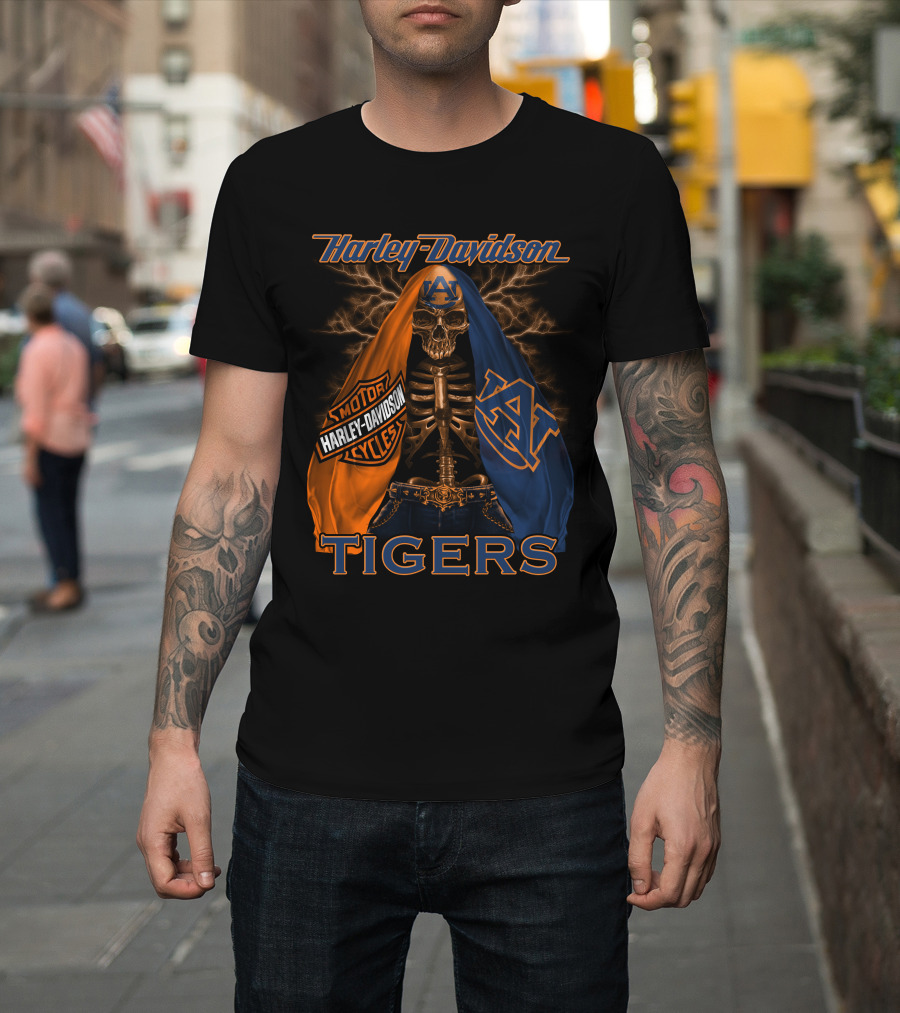 Harley Davidson Auburn Tigers Skeleton Dual Flag T-Shirt