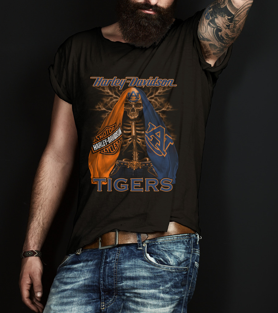 Harley Davidson Auburn Tigers Skeleton Dual Flag T-Shirt