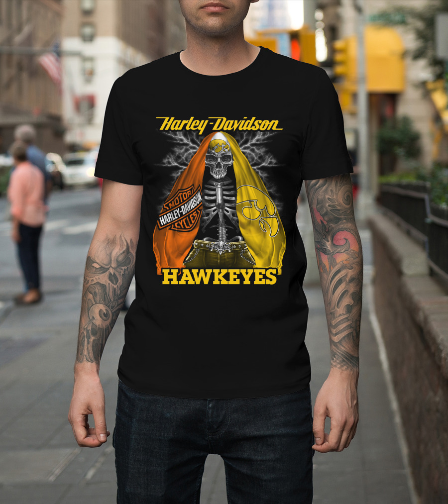 Harley Davidson Iowa Hawkeyes Skull Skeleton With Orange Yellow Flags And Hawkeyes T-Shirt