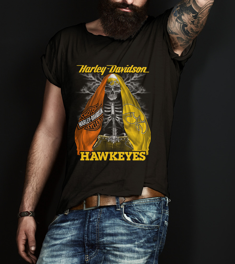 Harley Davidson Iowa Hawkeyes Skull Skeleton With Orange Yellow Flags And Hawkeyes T-Shirt