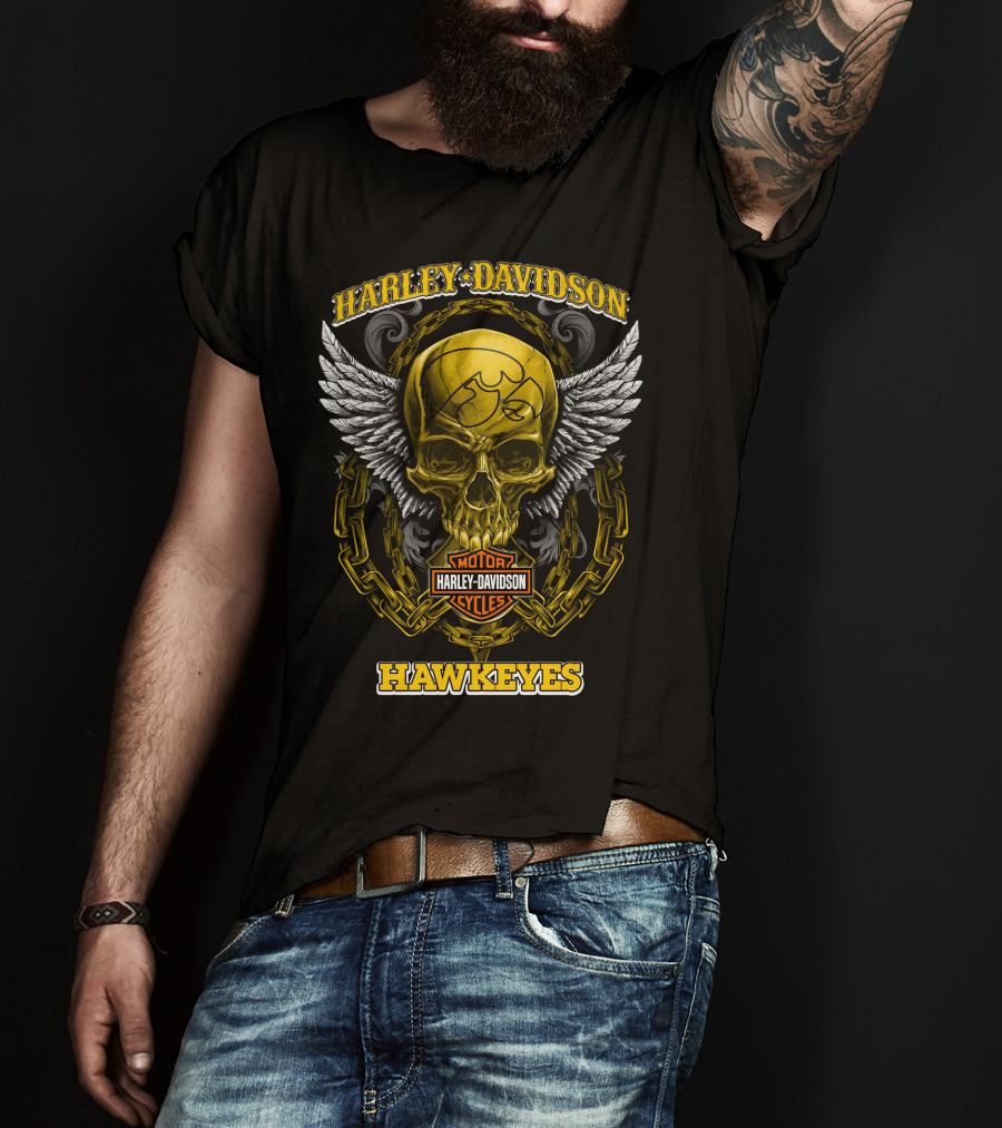 Harley Davidson Motor Cycles Hawkeyes Skull Wings T-Shirt