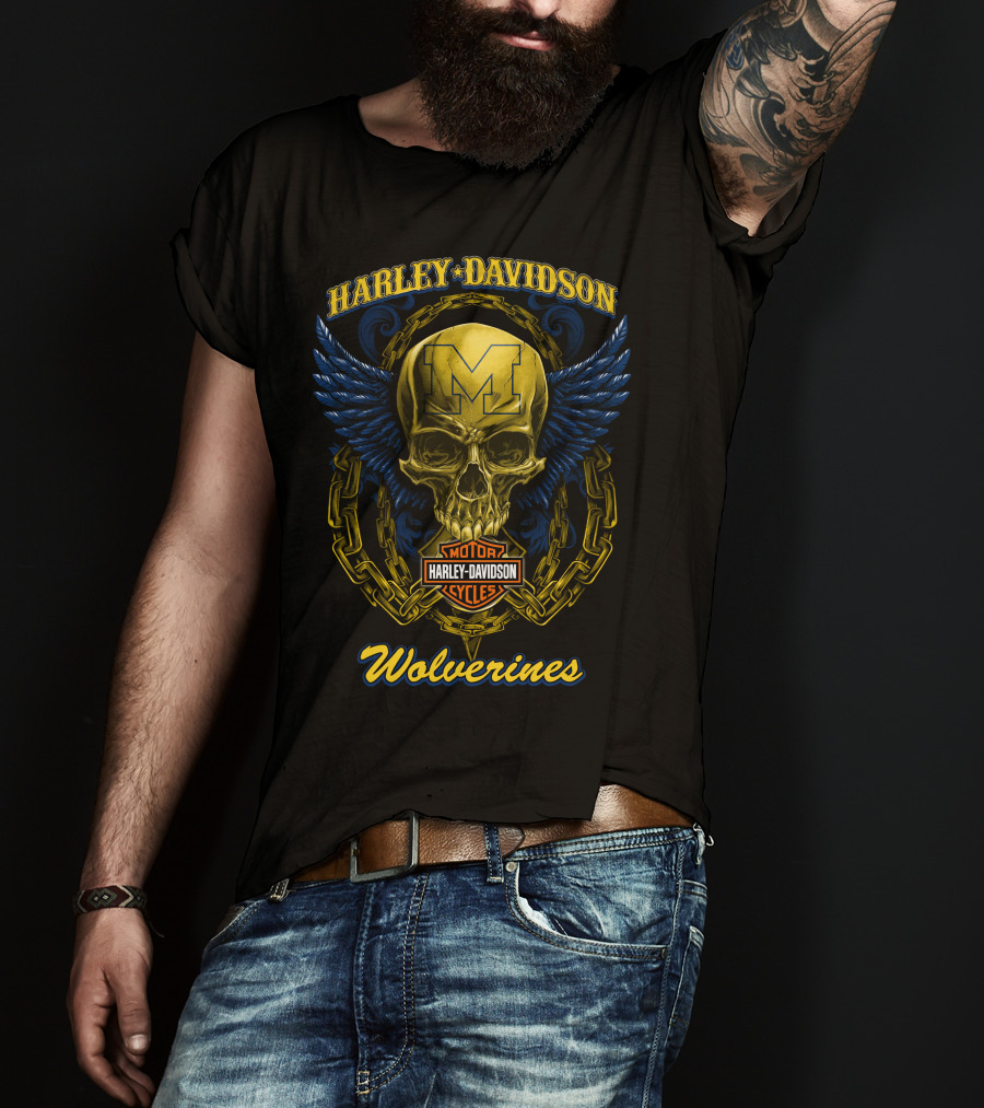 Harley Davidson Michigan Wolverines Skull Logo With Chain And Wings T-Shirt