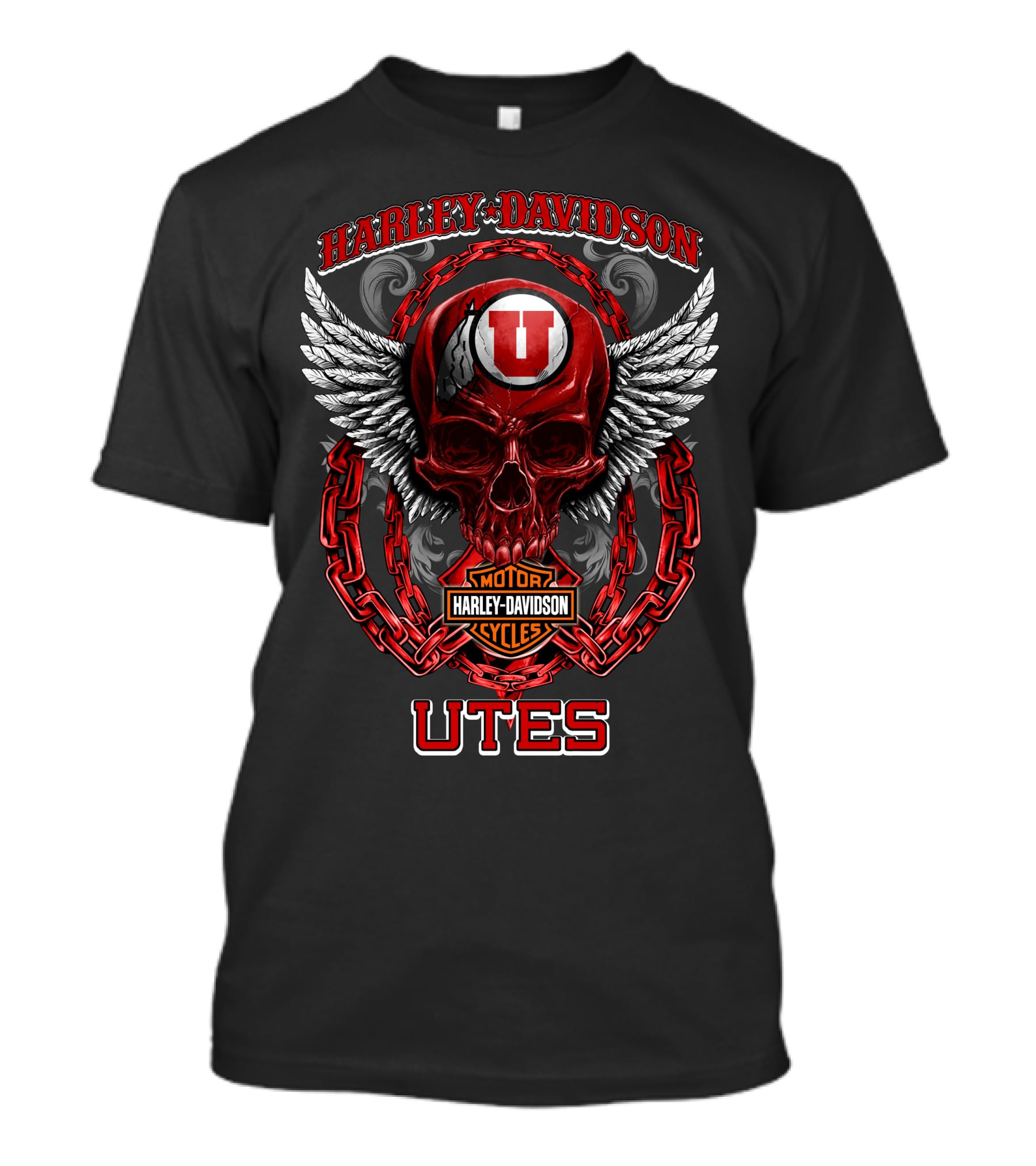 Harley Davidson Utah Utes Red Skull Wings Chains T-Shirt