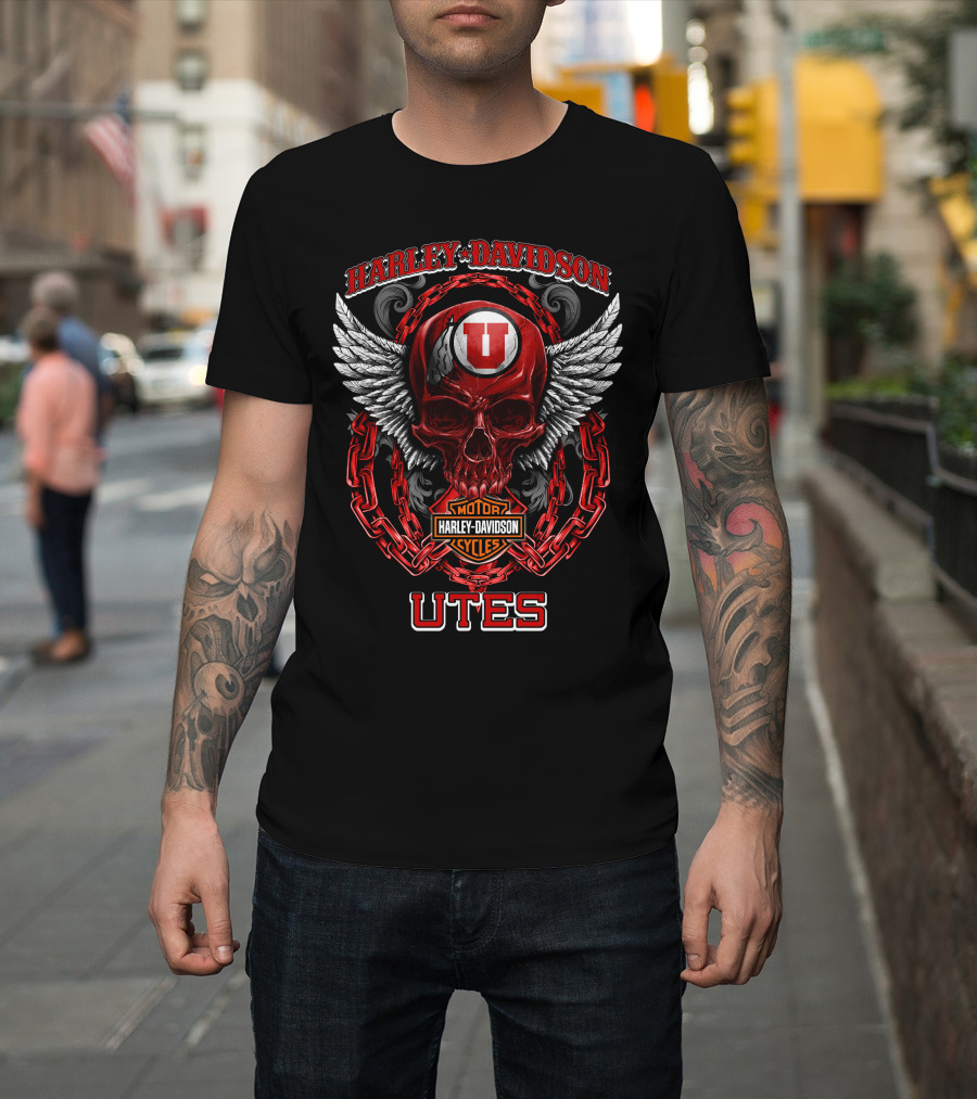 Harley Davidson Utah Utes Red Skull Wings Chains T-Shirt