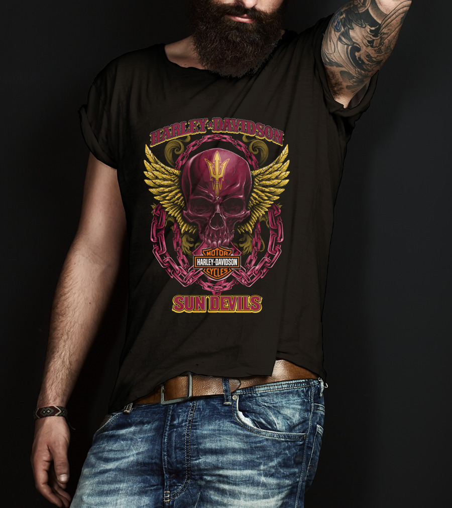 Harley Davidson Arizona State Sun Devils Motorcycles Skull With Wings T-Shirt