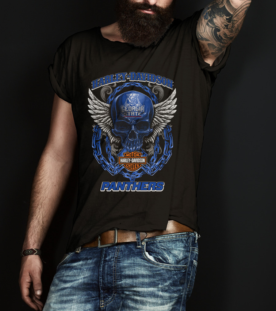 Harley Davidson Georgia State Panthers Skull Wings Chain Motorcycle Cycles T-Shirt
