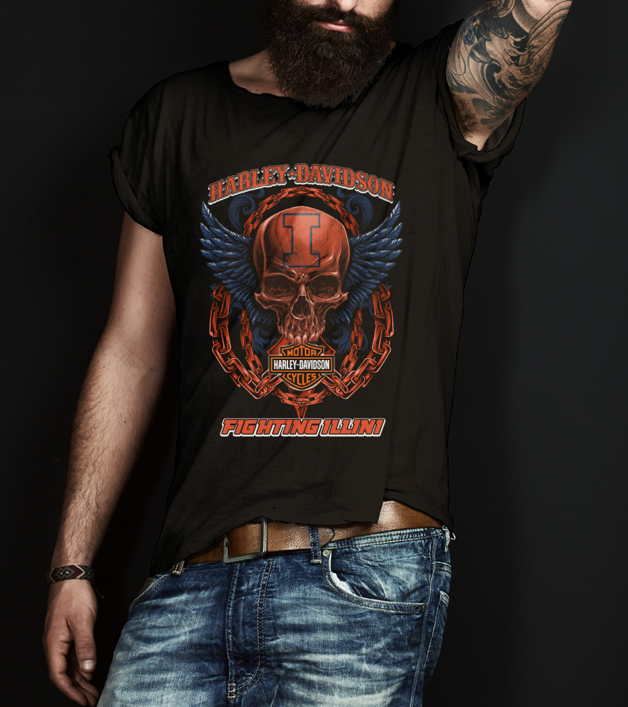 Harley Davidson Illinois Fighting Illini Skull Winged Chain T-Shirt