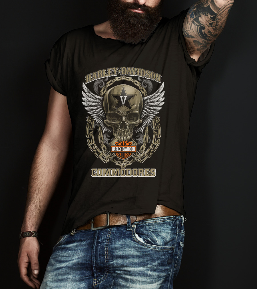 Harley Davidson Motorcycles Commodores Vanderbilt V Skull Wings Chains T-Shirt