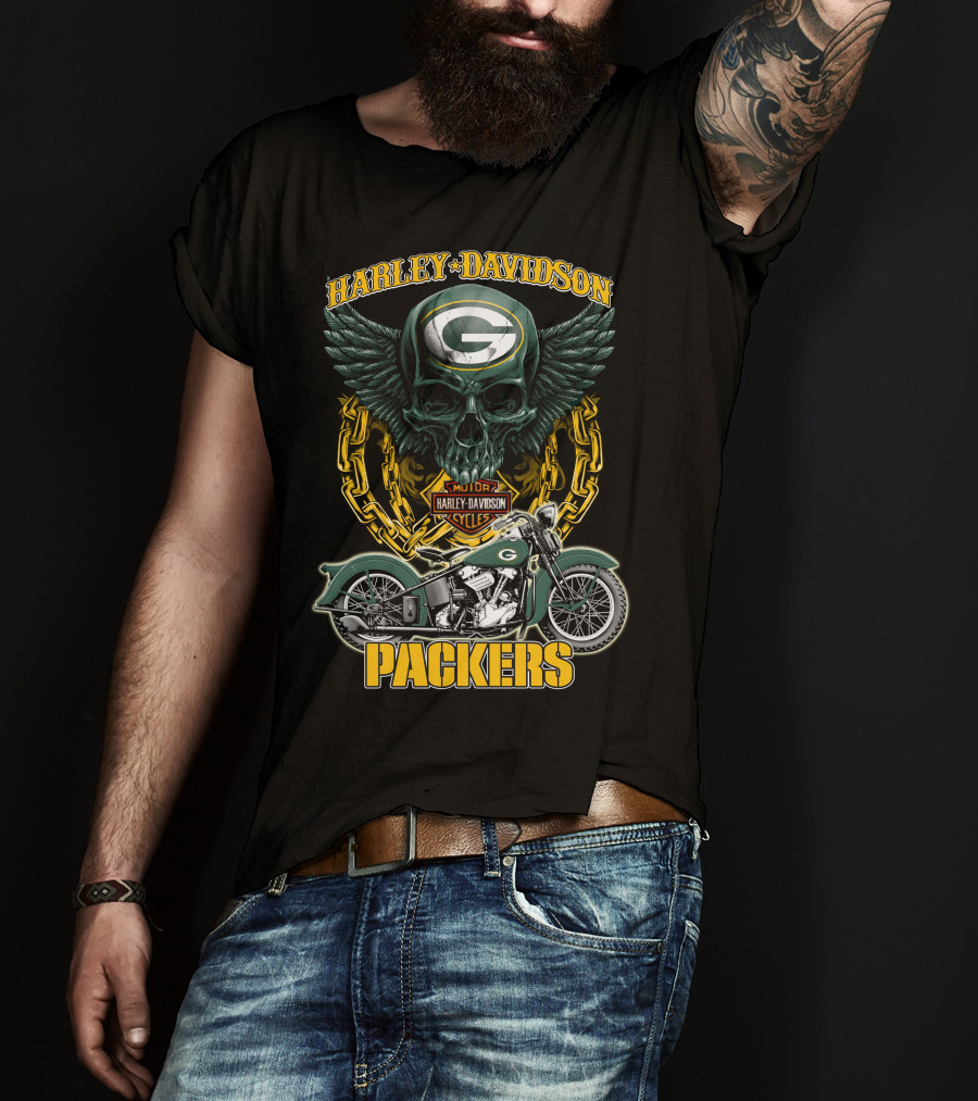 Harley Davidson Green Bay Packers Motorcycle Skull Nfl Packers T-Shirt