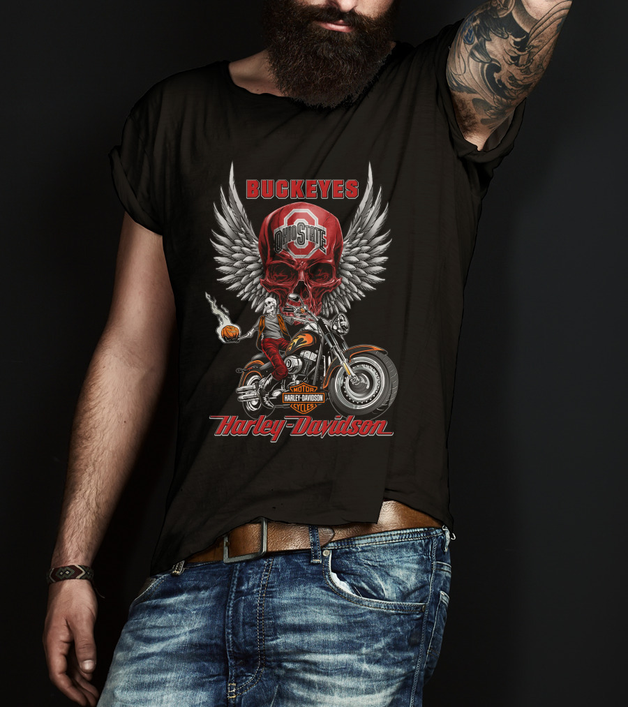 Buckeyes Ohio State Skull Harley Davidson Motor Cycles Wings Basketball T-Shirt