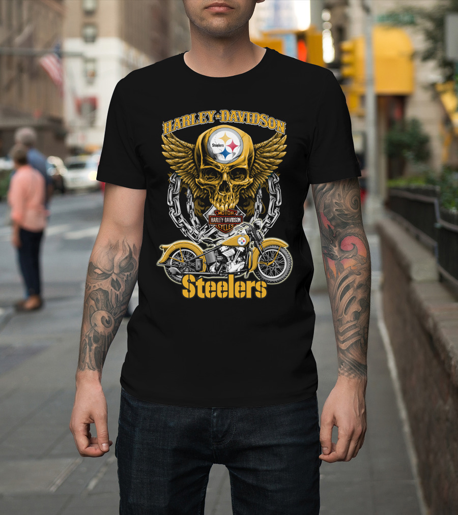 Pittsburgh Steelers Harley Davidson Winged Skull Motorcycle Nfl Hd18 T-Shirt