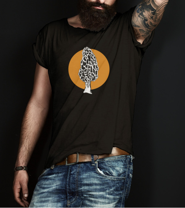 Morel Much Graphic Mushroom Design With Orange Circle Background T-Shirt