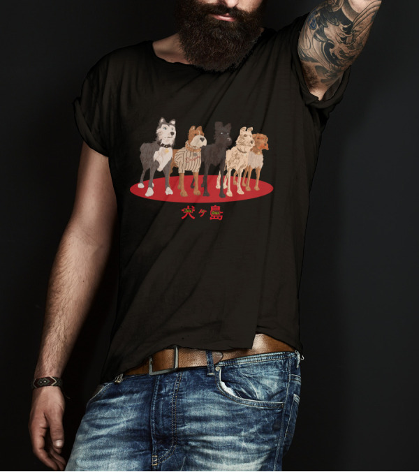 Isle Of Dogs Movie Inspired Gang Of Dogs Characters On Red Oval Background T-Shirt