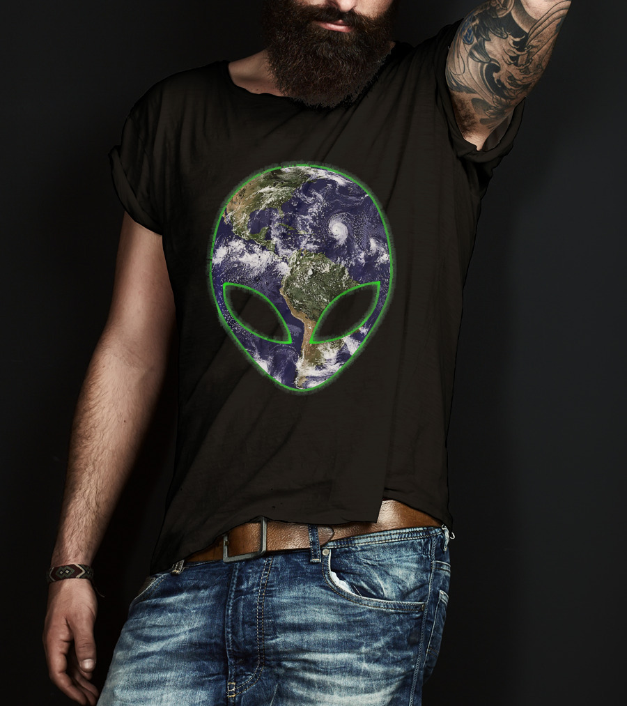 Aliens On Earth Grey Face With Planet T-Shirt