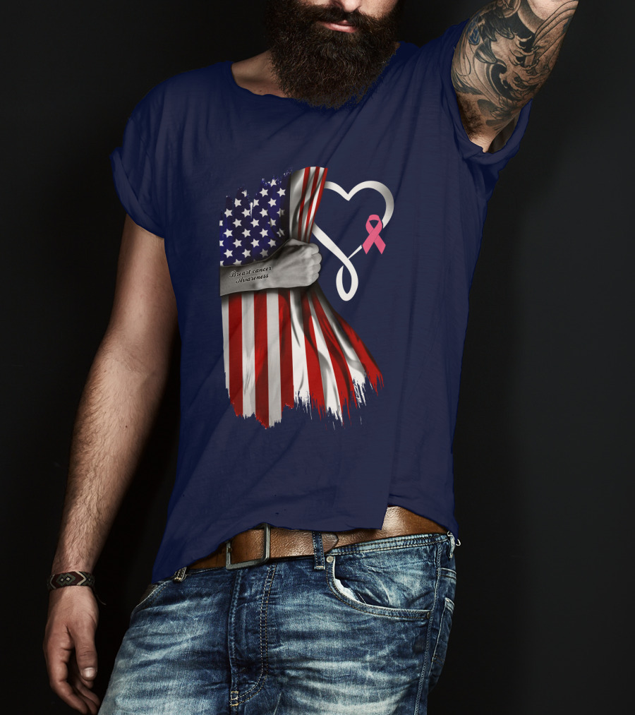 Breast Cancer Awareness American Flag Heart T-Shirt