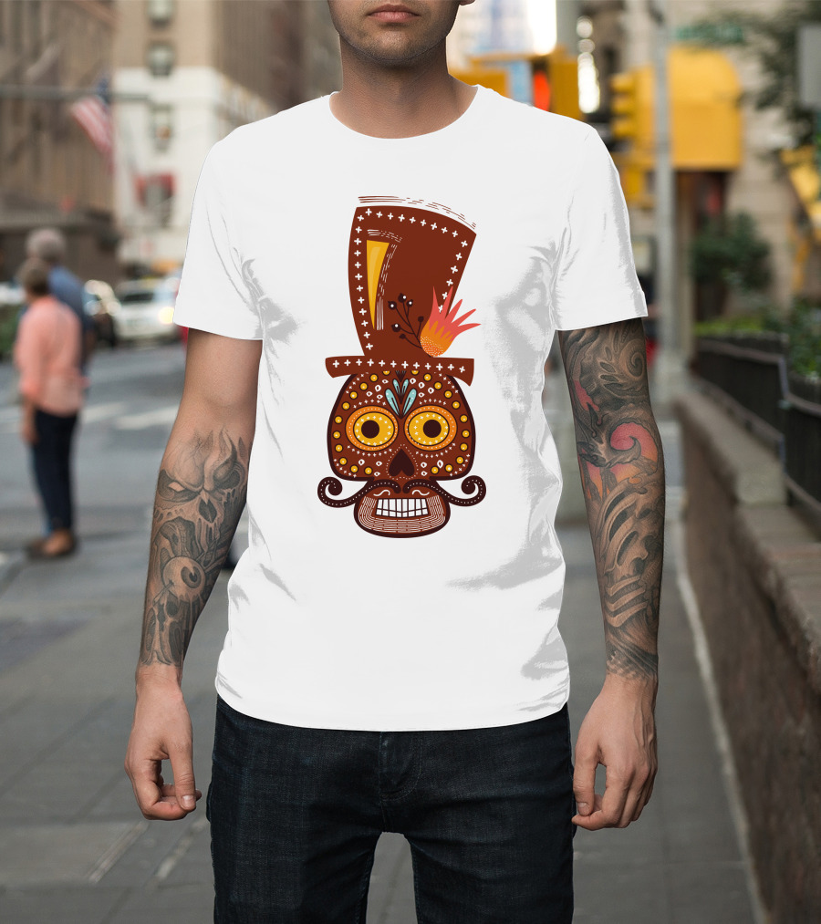 Skull Series 156 Colorful Day of the Dead Sugar Skull Top Hat Mustache T-Shirt