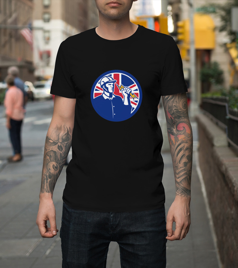 British Power Lineman Holding Lightning with Union Jack in Background T-Shirt