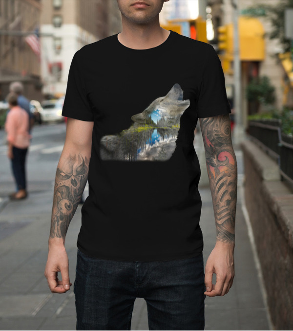 Shirt: Wolf Howling with Forest Reflection and Mountain Lake Scene T-Shirt Wolf Howling with Forest Reflection and Mountain Lake Scene T-Shirt