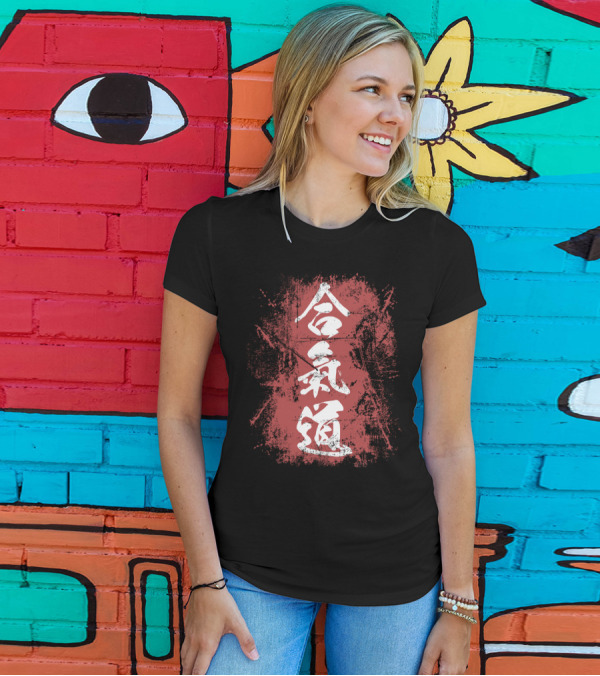Aikido Kanji With Distressed Red Brushstroke Background T-Shirt