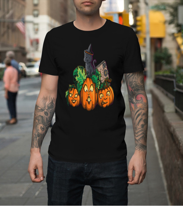 Shirt: Halloween Cat Witch Hat Pumpkins Book High Quality T-Shirt Halloween Cat Witch Hat Pumpkins Book High Quality T-Shirt
