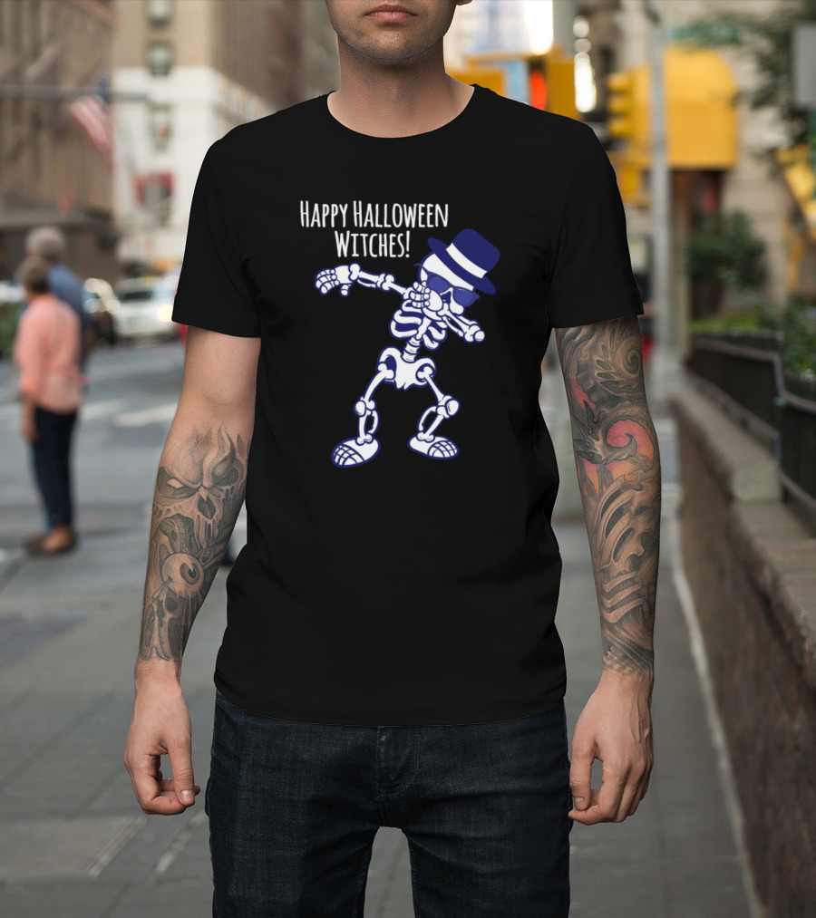 Happy Halloween Witches Dabbing Skeleton with Hat and Glasses T-Shirt
