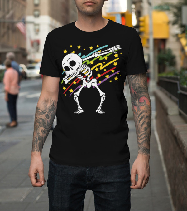 Shirt: Disco Party Music Dabbing Dab Skeleton with Stars and Colorful Streaks Halloween T-Shirt Disco Party Music Dabbing Dab Skeleton with Stars and Colorful Streaks Halloween T-Shirt