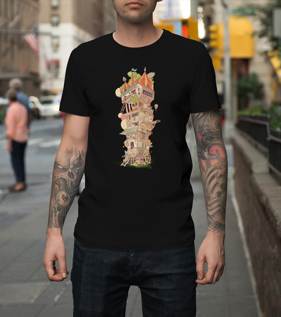 Whimsical Traveling Circus Tower with Balloons and Winding Ladders T-Shirt