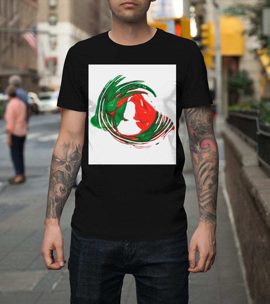 Abstract Circle Pit Swirl with Red and Green Paint Strokes T-Shirt