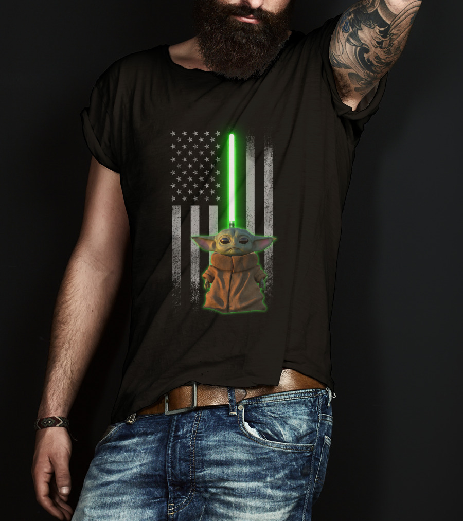 Baby Yoda Lightsaber American Flag Background T-Shirt