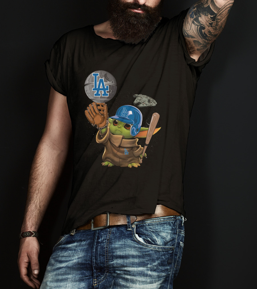 LA Baby Yoda Star War Baseball Dodgers Millennium Falcon T-Shirt