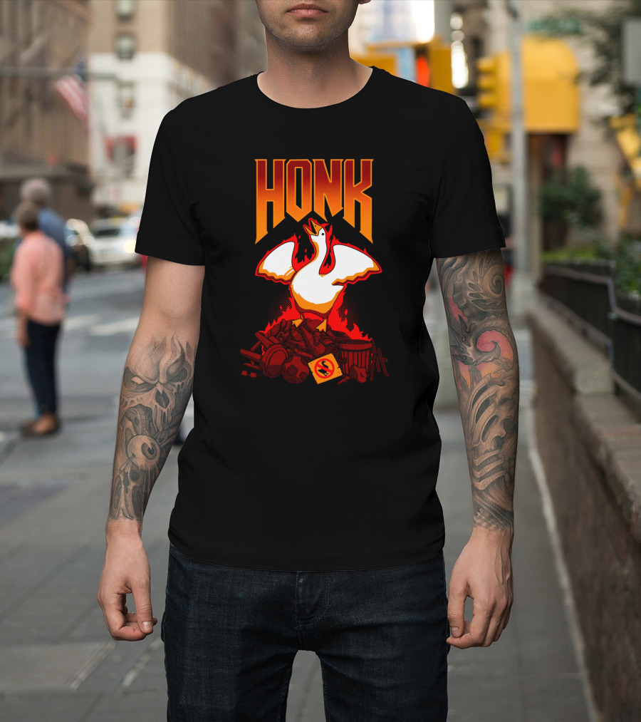 HONK Goose On Junk Pile With Flames T-Shirt