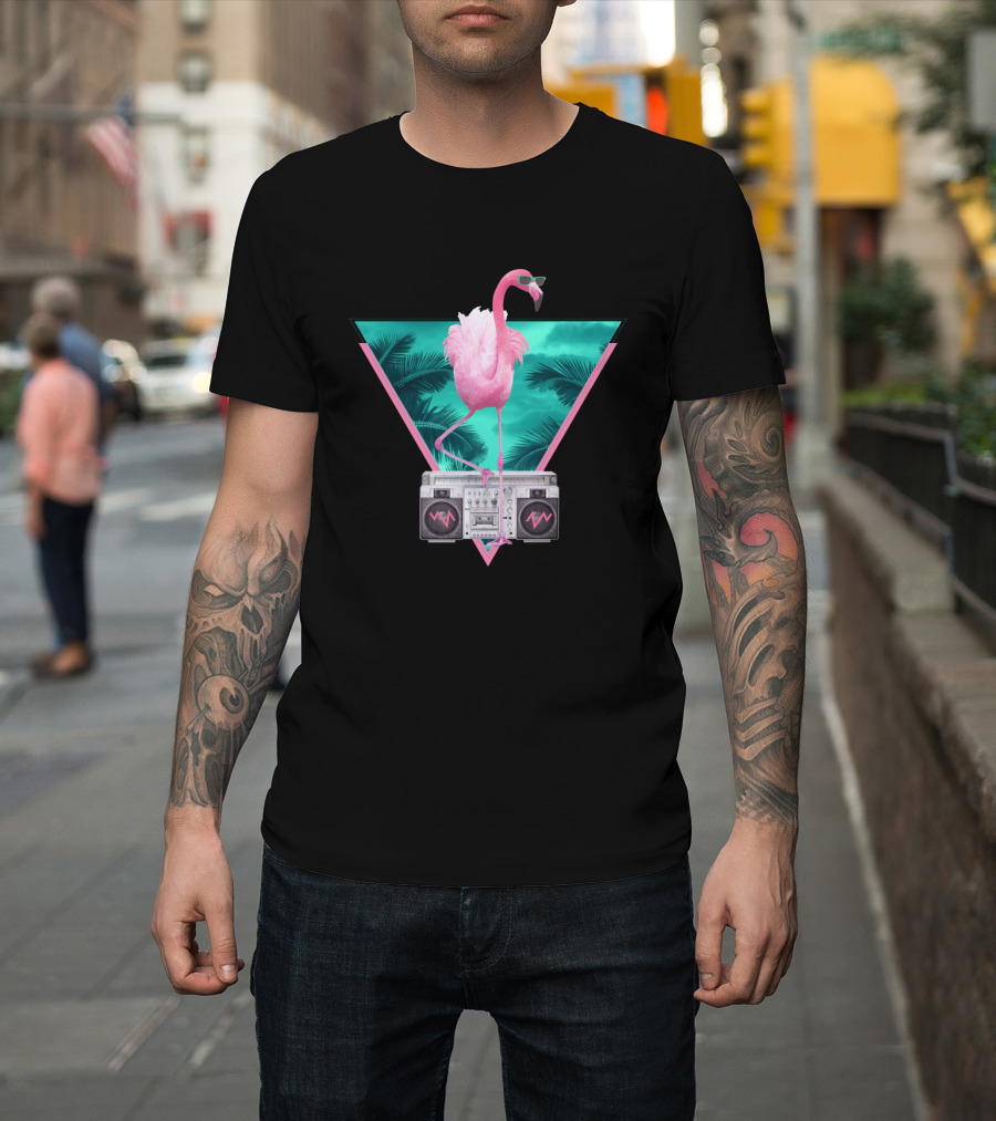 Miami Flamingo Retro Vibes with Boombox and Palm Trees T-Shirt