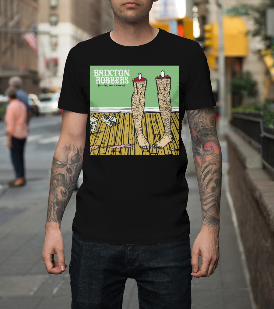 Brixton Robbers Rocks and Cranes Album Cover with Standing Legs on Wooden Floor and Origami Cranes T-Shirt