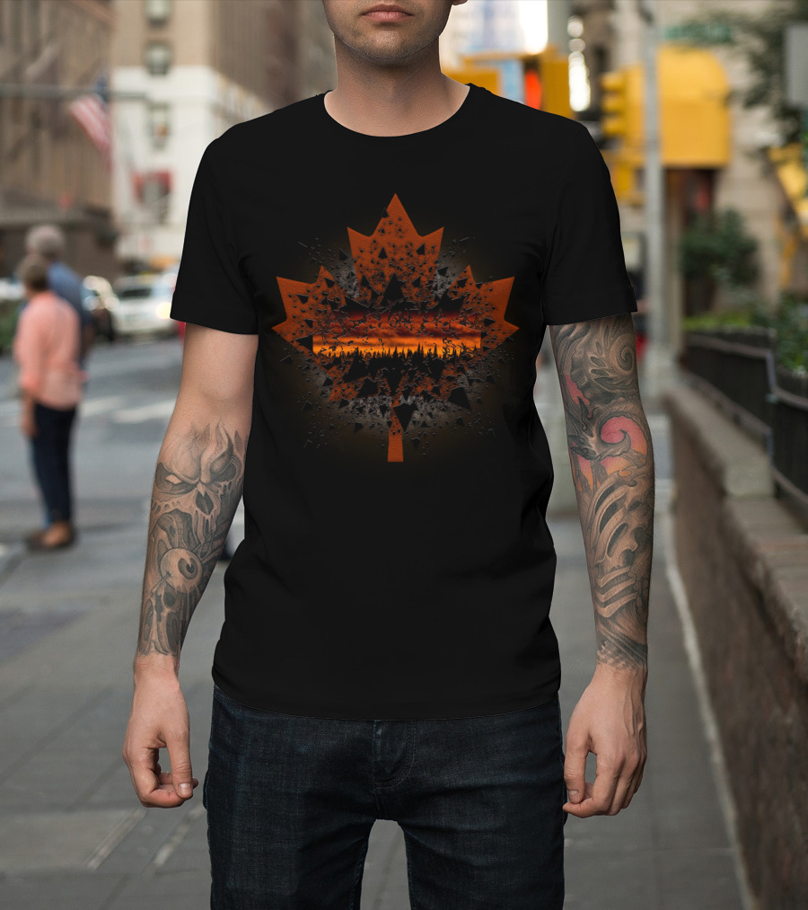 Canada Maple Leaf with Fiery Sunset Silhouette and Fragmented Texture T-Shirt