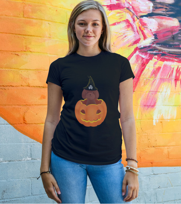 Halloween Bear With Witch Hat In Pumpkin With Skull Emblem T-Shirt