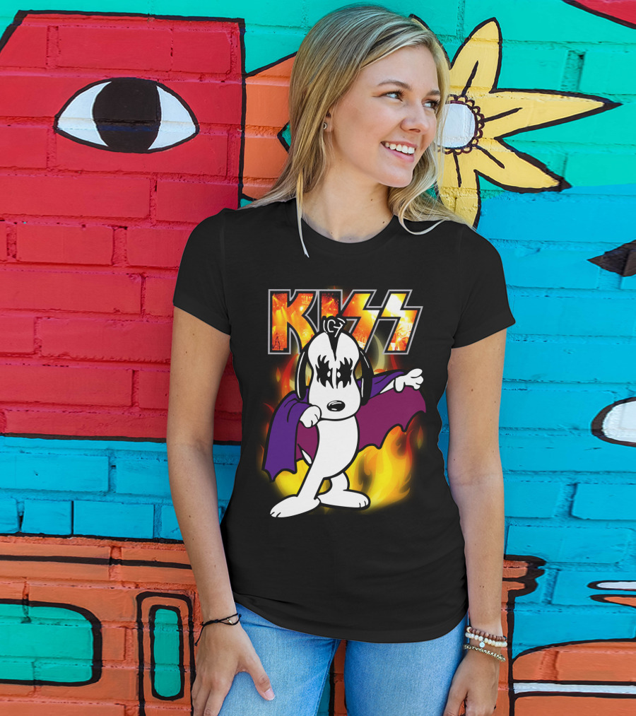 KISS Snoopy Peanuts Mashup With Flames And Comic T-Shirt